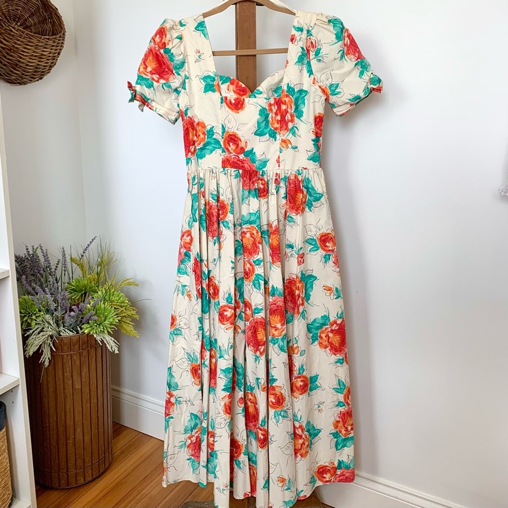 Laura Ashley Cream Floral Midi Dress with Red & Teal Flowers - Picture 4 of 15